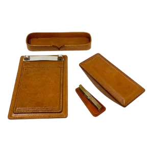 Cognac Colored Stitched Leather Desk Set, Set of 4