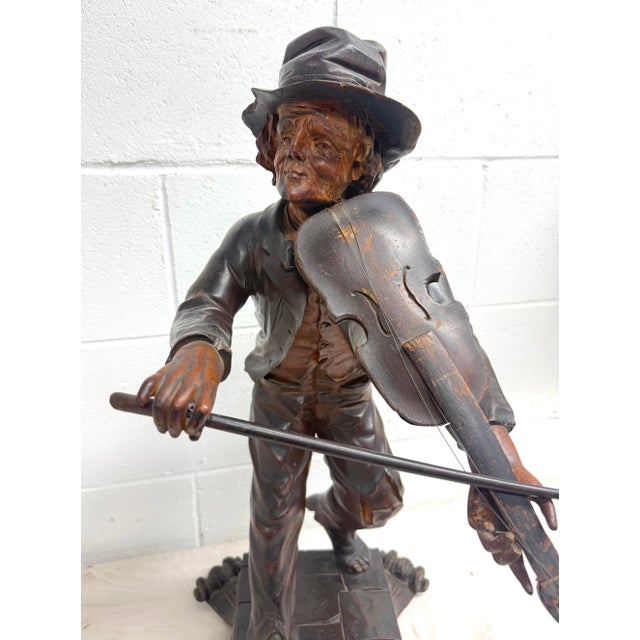 Large Antique European 1800's Carved Wood Fiddler Violinist Sculpture Statue Music For Sale - Image 11 of 18