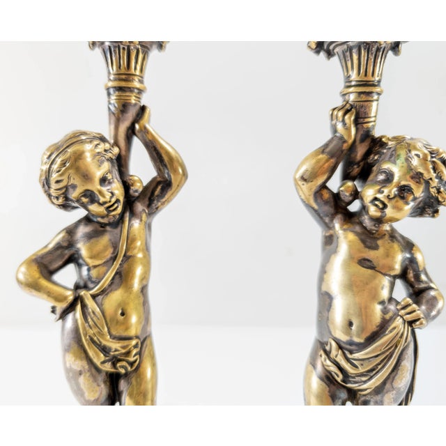 19th Century Pair of French Silvered Bronze Candlestick in Cherub or Putti Form For Sale - Image 11 of 12