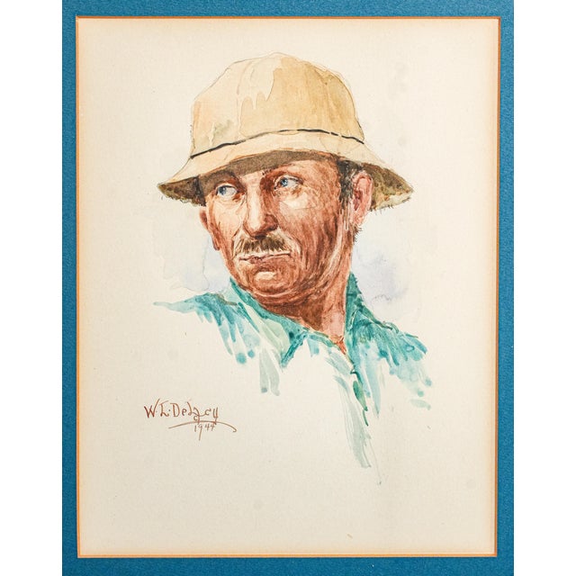 Figurative Framed Mid-Century Figurative Vintage Artwork Watercolor Painting Portrait of a Man Mustache Hat For Sale - Image 3 of 12
