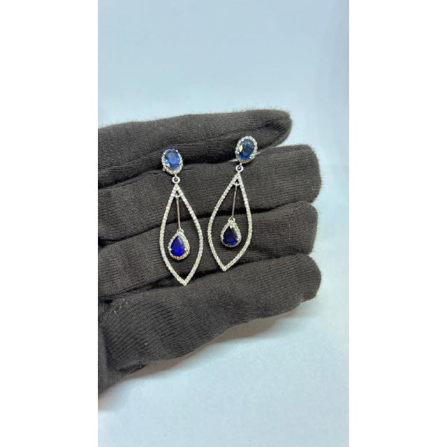 Blue Natural Sapphire 4.11cts & Diamond 1cts Earring in 14k Gold For Sale - Image 8 of 8
