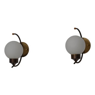 Italian Brass and Opaline Glass Wall Sconces, 1950s, Set of 2 For Sale