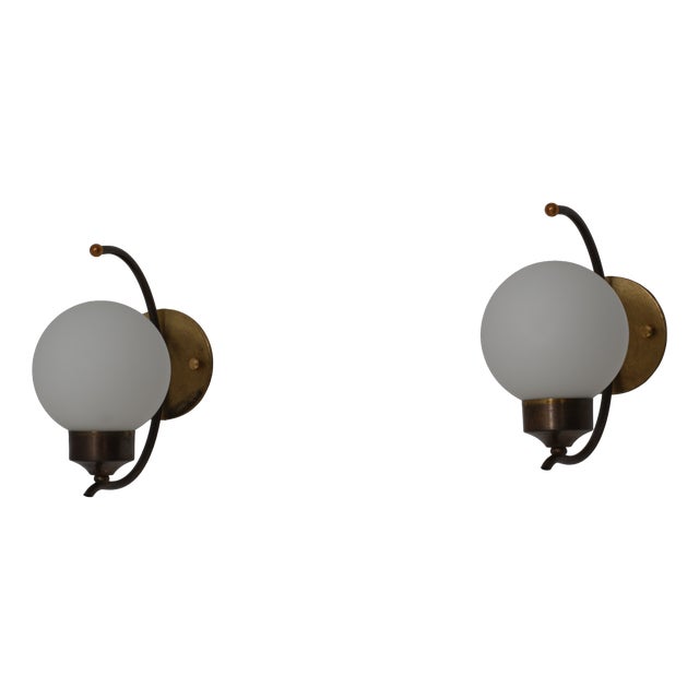 Italian Brass and Opaline Glass Wall Sconces, 1950s, Set of 2 For Sale