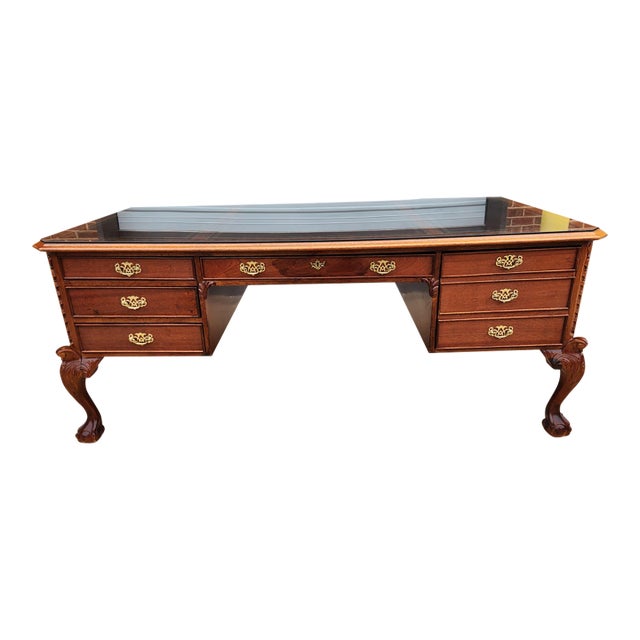 Chippendale-Style Executive Desk With Carved Ball-and-Claw Feet and Glass-Protected Top For Sale