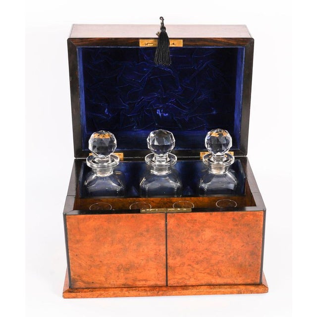 Metal Antique 19th Century Victorian Burr Walnut and Crystal 3-Decanter Tantalus Dry Bar, Set of 12 For Sale - Image 7 of 18