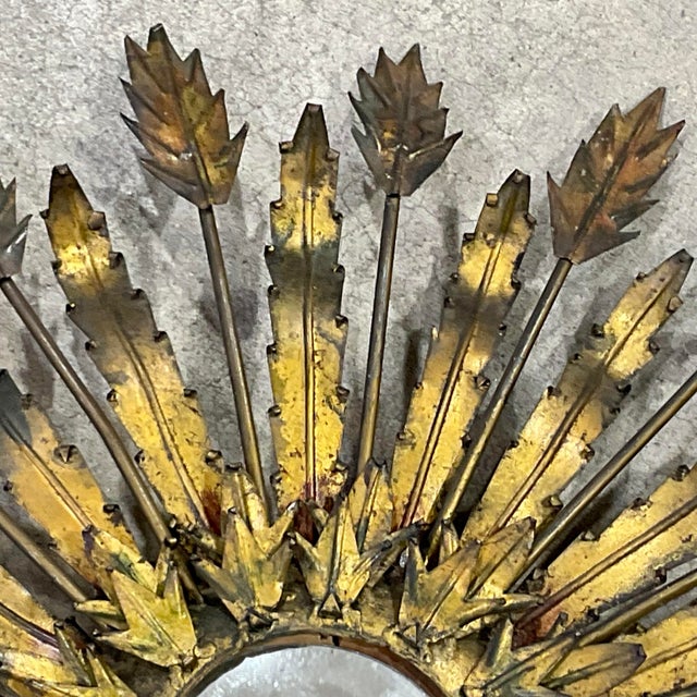 Mid 20th Century Vintage French Sunburst Wall Mirror in Gilt Metal, Mid-Century Style For Sale - Image 5 of 11