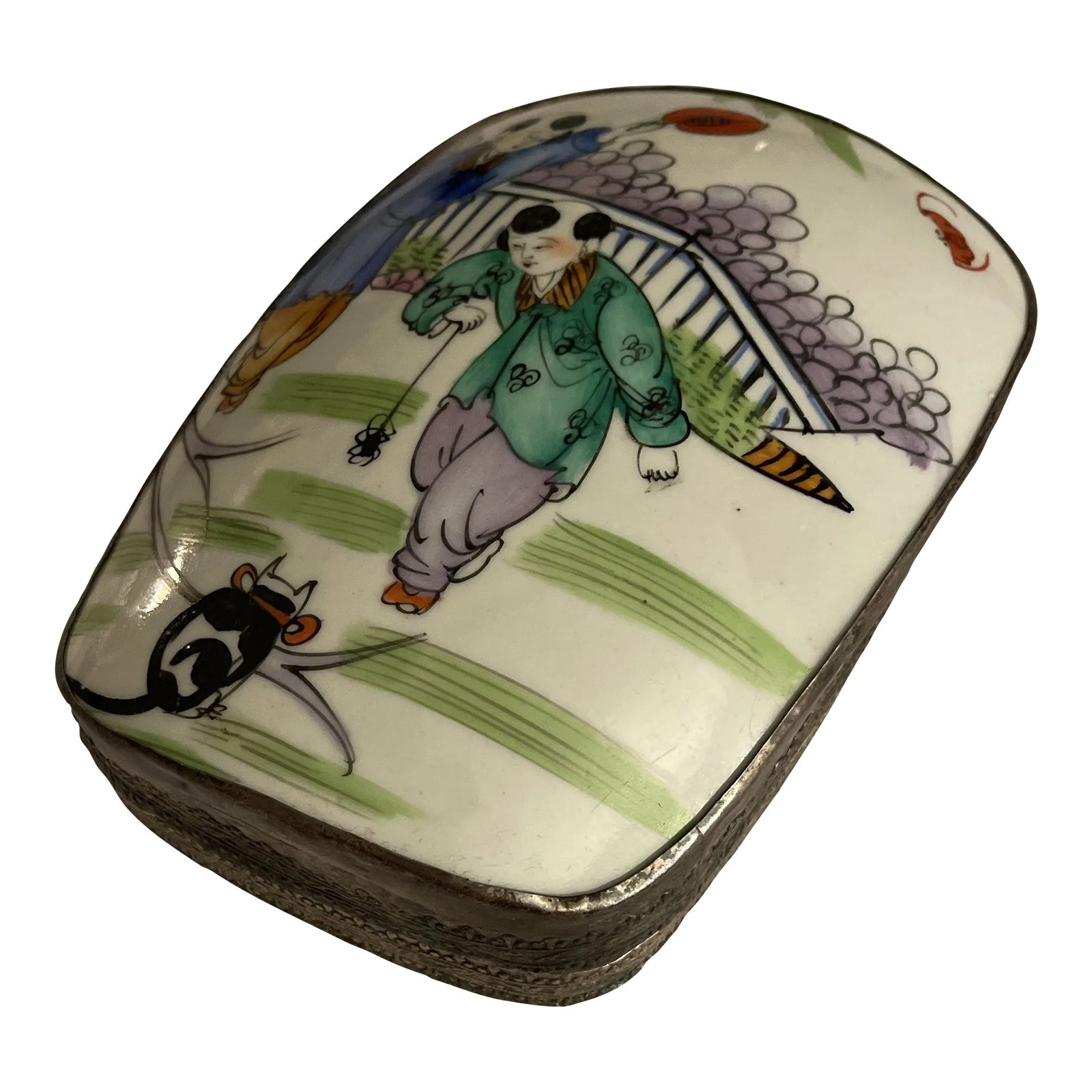 Antique Chinese Porcelain Shard Metal Box | Chairish