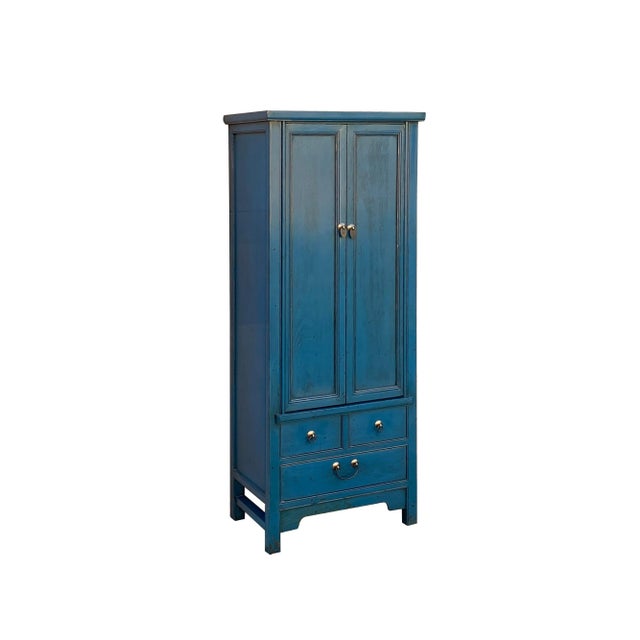 Oriental Dark Teal Blue Narrow Wood Detail Door Drawers Storage Cabinet For Sale - Image 4 of 7