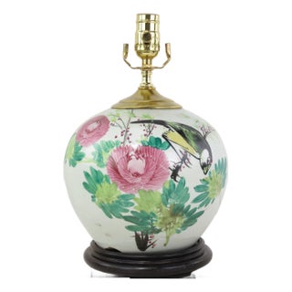 Famille Rose Antique Porcelain Vase Lamp With Bird and Floral Motif on Wood Base For Sale