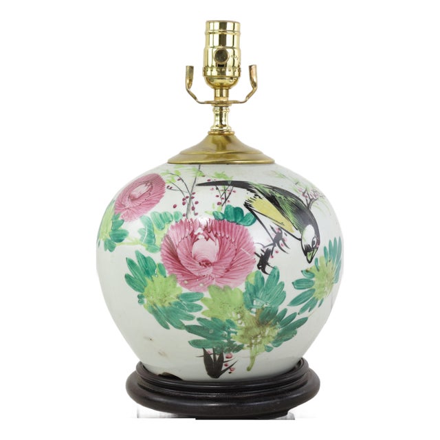 Famille Rose Antique Porcelain Vase Lamp With Bird and Floral Motif on Wood Base For Sale