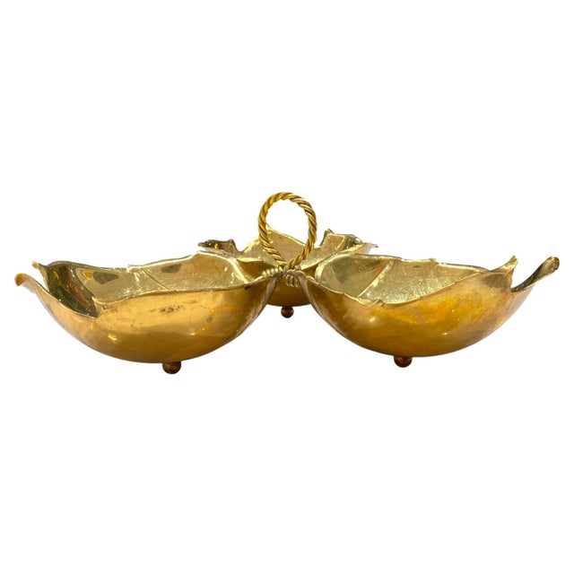 Mid 20th Century Mid 20th Century Alfredo Sciarrotta Mid-Century Modern Brass Triple Leaf Centerpiece Bowl, Newport, Rhode Island For Sale - Image 5 of 10