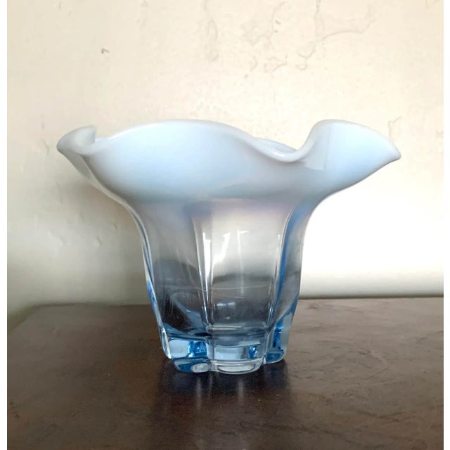 Late 20th Century Vintage Opalescent Blue Scalloped Art Glass Vase For Sale - Image 5 of 5