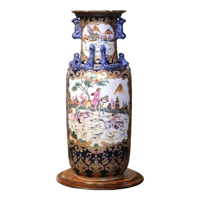 Mid-Century Chinese Famille Rose Porcelain Vase With Fox Hunt Scenes For Sale