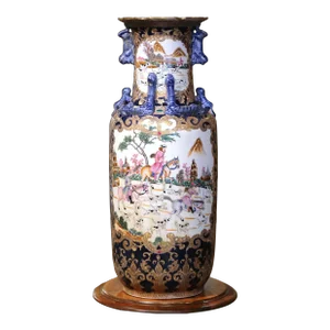 Mid-Century Chinese Hand Painted Glazed Ceramic Vase With Fu Dog Motifs