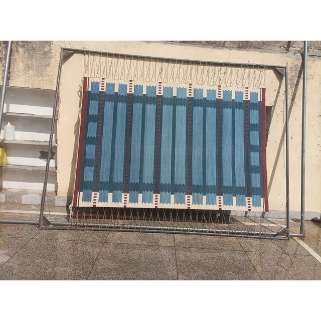 Handmade Cotton Flat Weave Area Rug, Sky Blue, Cream and Red Geometric Dhurrie - 8'x10' For Sale - Image 12 of 13