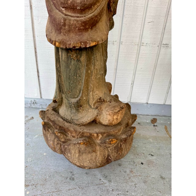 Antique Huge Carved Polychrome Wood Buddha Buddhist Monk on Lotus For Sale - Image 11 of 12