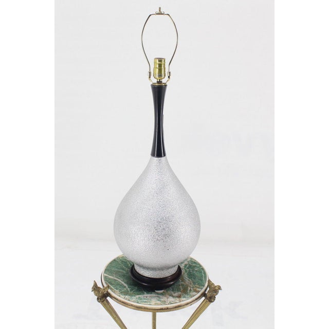 Mid Century Modern Silver Leaf Finish Table Lamp with Onion Shape MINT! Black lacquered wood base.