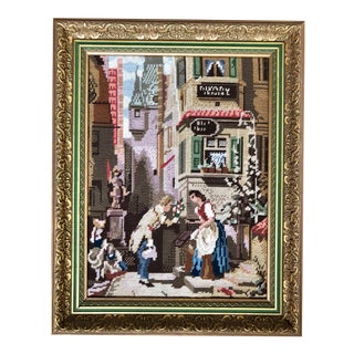 Framed Needlepoint of a Romantic European Scene For Sale