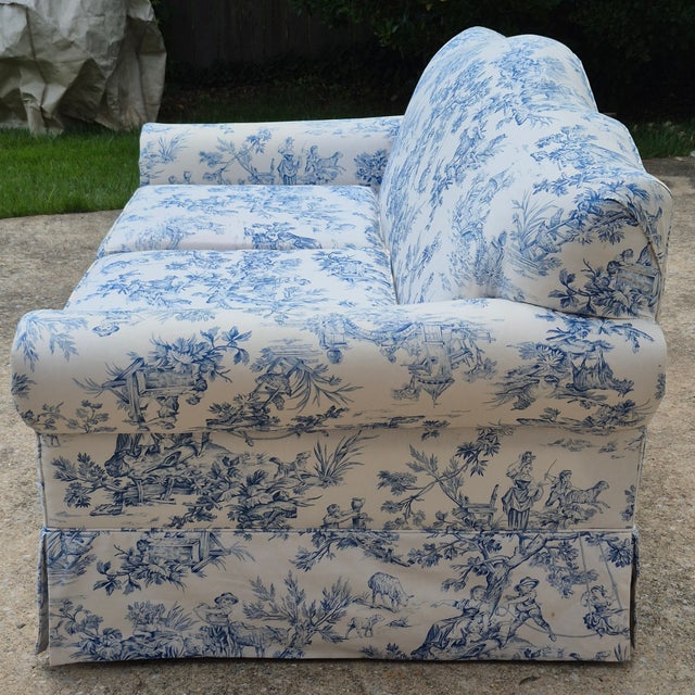 Antique Blue & White Toile De Jouy Camel Back Loveseat Rolled Arms Pleated Skirt For Sale - Image 10 of 16