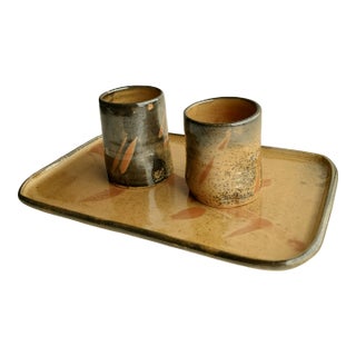 Porcelain With Shino Glaze Ceramic Saki Set & Matching Tray by Fireborn Studios For Sale