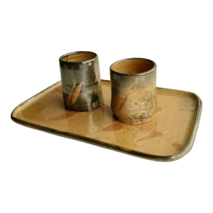 Porcelain With Shino Glaze Ceramic Saki Set & Matching Tray by Fireborn Studios