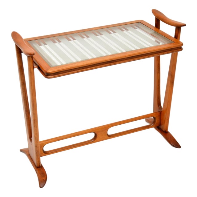 Vintage French Cherry Wood Glass Top Side Table, 1960s For Sale