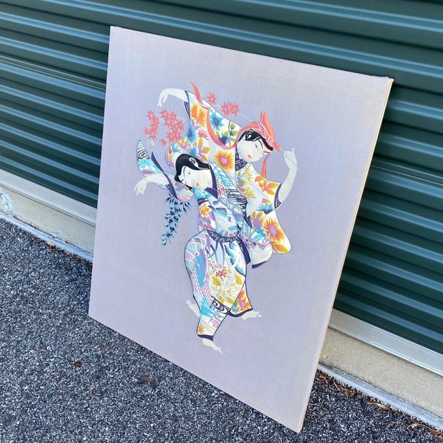 Awesome textile art with three dimensional Japanese figures on lavender solid background!