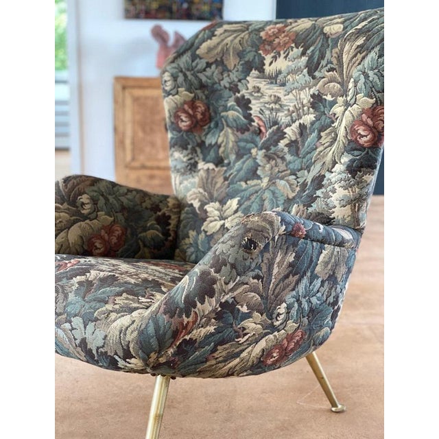 1950s Mid-Century Italian Wing Armchair with Floral Pattern in Jacquard Fabric, 1950s For Sale - Image 5 of 8
