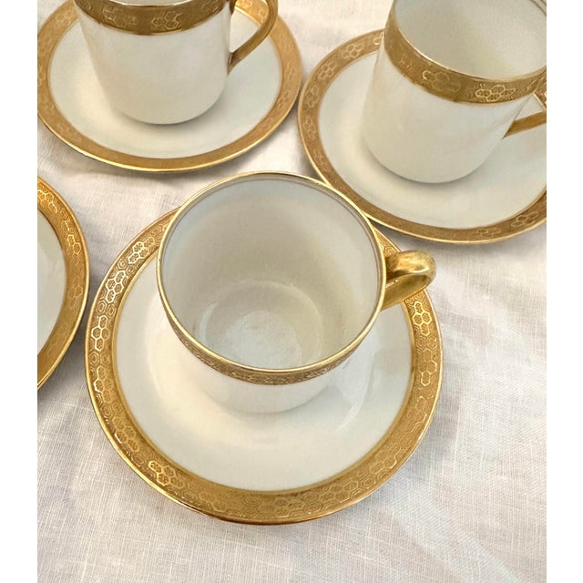 Vintage C.Ahrenfeldt Limoges 24kt Gold Rim Set of 5 Demitasse Cup/Saucer Set - 10 pcs For Sale In Palm Springs - Image 6 of 7