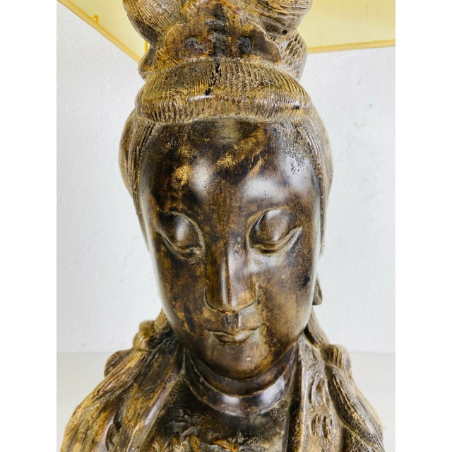 This is an oversized mid century vintage Asian style table lamp. This lamp is a bust of Guan yin and features It’s...