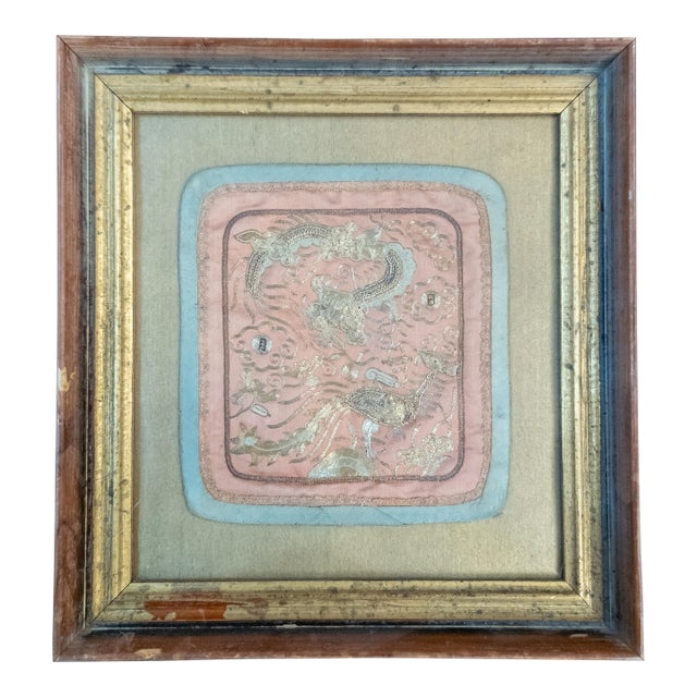 19th Century Chinese Chinoiserie Silk Embroidered Panel With Dragon and Phoenix For Sale