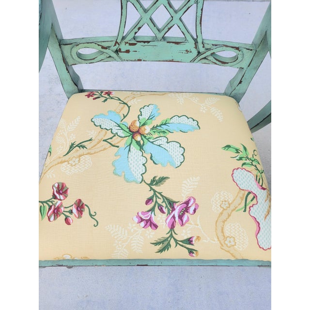Vintage Distressed Green Brown Fretwork Upholstered Brunschwig Fils Yellow Floral Side Chairs- A Pair For Sale - Image 12 of 15