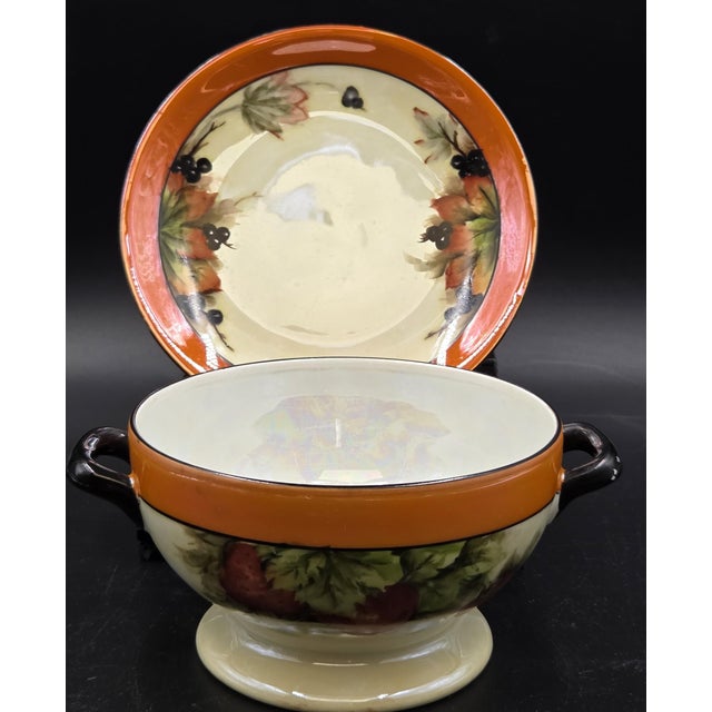 Victorian Antique Bavarian Porcelain Bouillon Bowl & Saucer, Hand-Painted Strawberry Motif, Double-Signed Set, Opalescent Lustre, l.d. Bloch & Co. Bavaria For Sale - Image 3 of 18