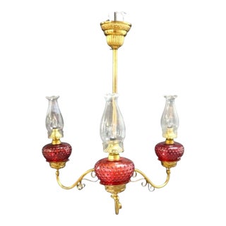 Brass & Cranberry Glass Electrified 3-Light Hanging Chandelier C1880 For Sale