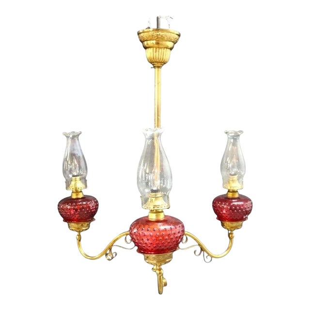 Brass & Cranberry Glass Electrified 3-Light Hanging Chandelier C1880 For Sale