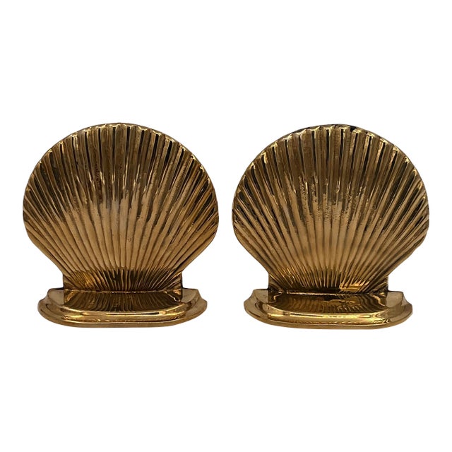 Mid 20th Century Venetian Grotto Seashell Scallop Shell Brass Bookends or Doorstops - A Pair For Sale