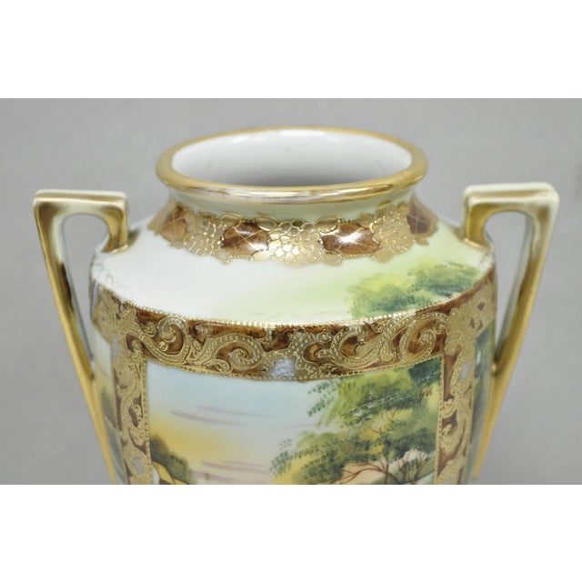 Art Nouveau Antique Nippon Hand Painted Porcelain Twin Handled Vase W/ Swan & Lake Scene For Sale - Image 3 of 16
