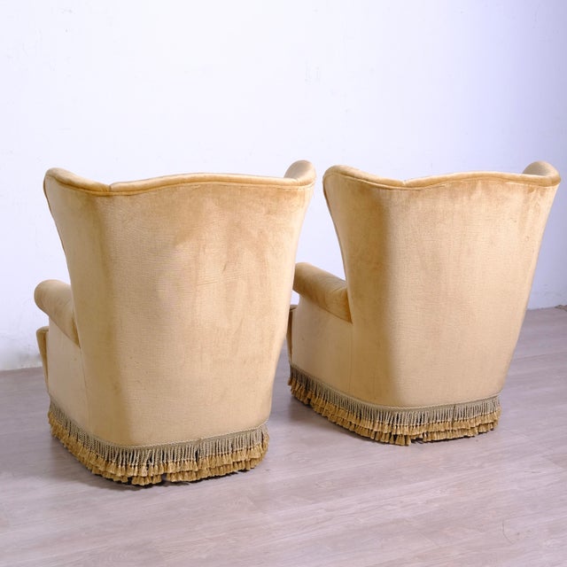 Wood Set of Highback Armchairs in Beige Velvet with Wooden Legs, 1970s For Sale - Image 7 of 18