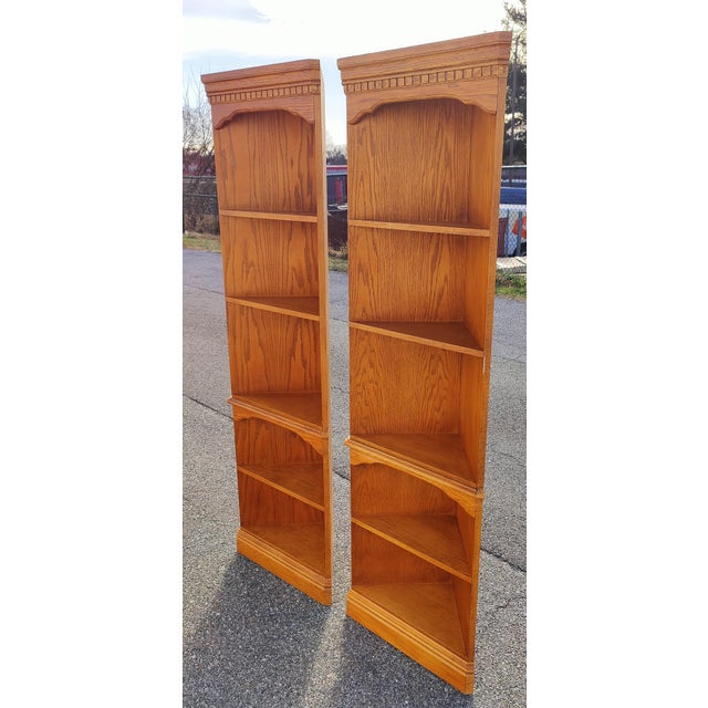 Wood Vintage Pair of Traditional Style Solid Oak Corner Shelving Units / Etageres For Sale - Image 7 of 9
