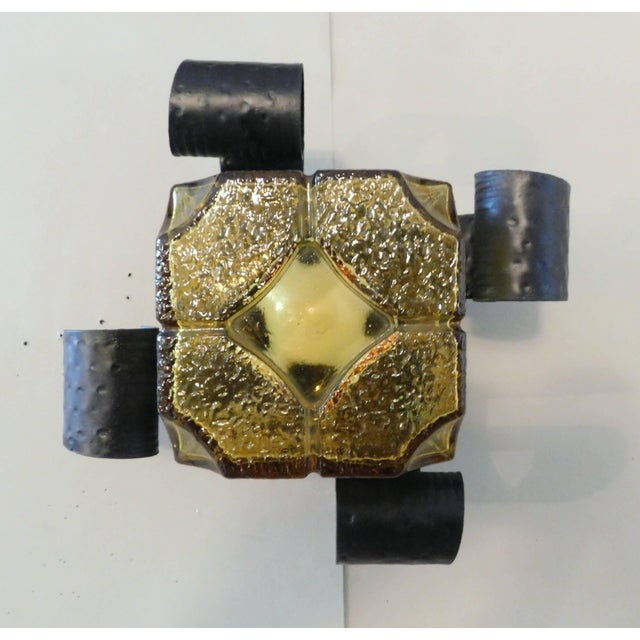 Vintage Italian brutalist wall light with cubical amber Murano glass shade / made in Italy circa 1970s 1 light / E26 or...