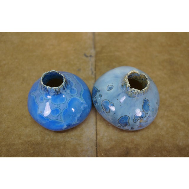 Ceramic 2 Vintage Blue Glazed Gourd Shaped Pinch Pot Pottery Bud Vases 2" For Sale - Image 7 of 14