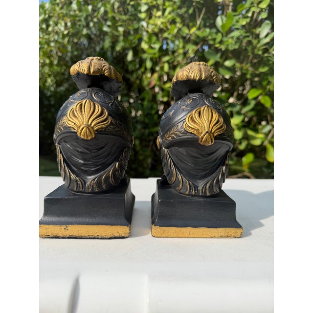 Hollywood Regency Vintage Neoclassical Greek Corinthian Helmet Bookends in Black & Gilt Finish, a Pair For Sale - Image 3 of 10