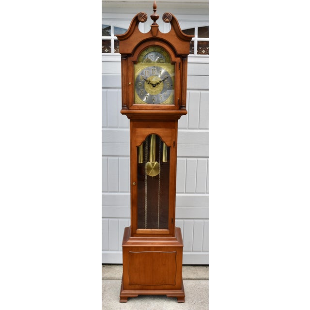 Colonial Cherry Grandfather Clock Vintage Moon Dial Triple Weights Chime For Sale - Image 13 of 18