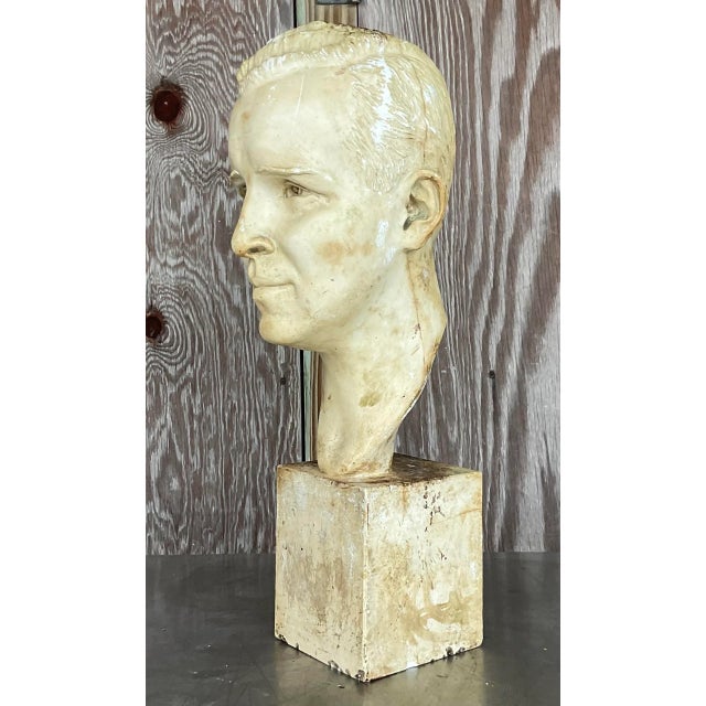 A fantastic vintage Boho plaster bust of man. A chic 1949 plaster composition signed on the back of the neck. An awesome...
