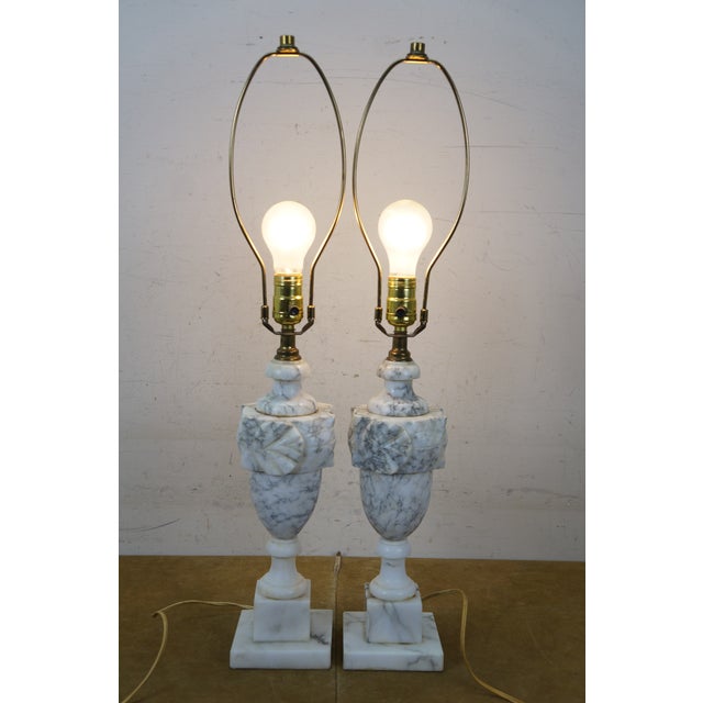 2 Mid 20th Century Gray & White Alabaster Marble Trophy Urn Table Lamps Pair 18" For Sale - Image 4 of 15