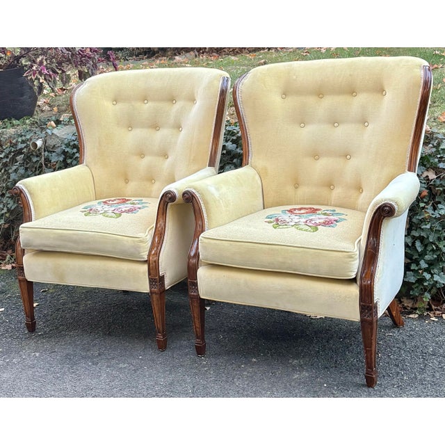 Yellow Vintage Louis XVI Upholstered Regency Wingback Chairs - A Pair For Sale - Image 8 of 12