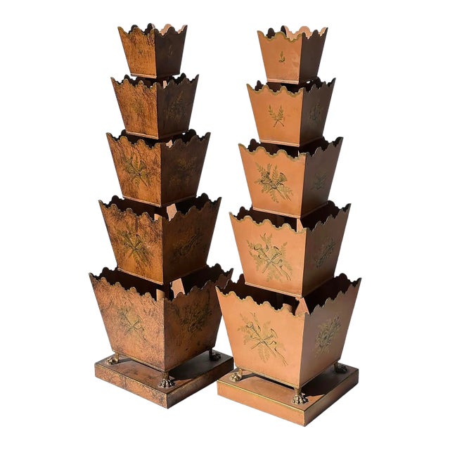 Camard-Dimer Antique French Tin Tole Topiary Cache Pot Stacked Planters - a Pair For Sale