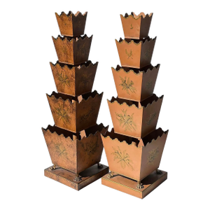 Camard-Dimer Antique French Tin Tole Topiary Cache Pot Stacked Planters - a Pair