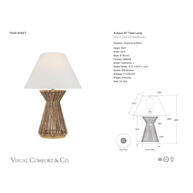 Chapman & Myers by Visual Comfort Signature Antigua 30" Table Lamp in Natural Abaca and Antique-Burnished Brass with Linen...