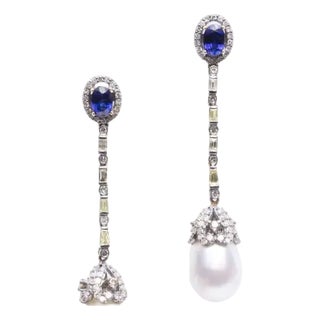 Sapphire, Diamond and Pearl Dangle Earrings For Sale